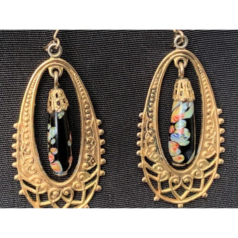 Vintage Millefiori Glass Drop Dangle Earrings - Picture 2 of 6